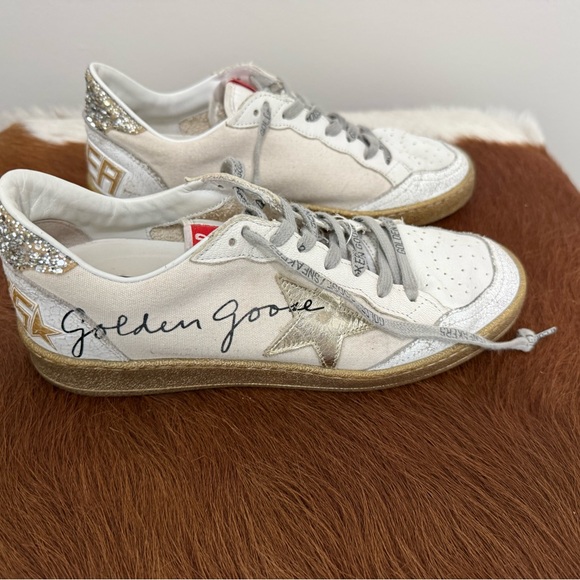 Golden Goose Ball Star Sneakers White Leather/canvas, Gold Star/Soles, Glitter - Picture 11 of 12